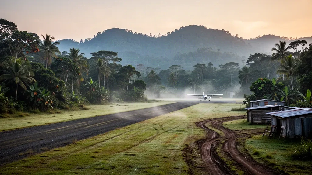Pista de hierba del aeropuerto de Lumi en Papúa Nueva Guinea que atraviesa una densa selva tropical, con montañas cubiertas de niebla al fondo al amanecer