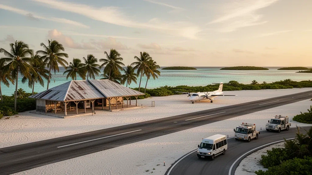Pequeña terminal tropical y pista de coral en el aeropuerto de Lae, en el atolón de Lae, islas Marshall, rodeados de palmeras y una laguna turquesa