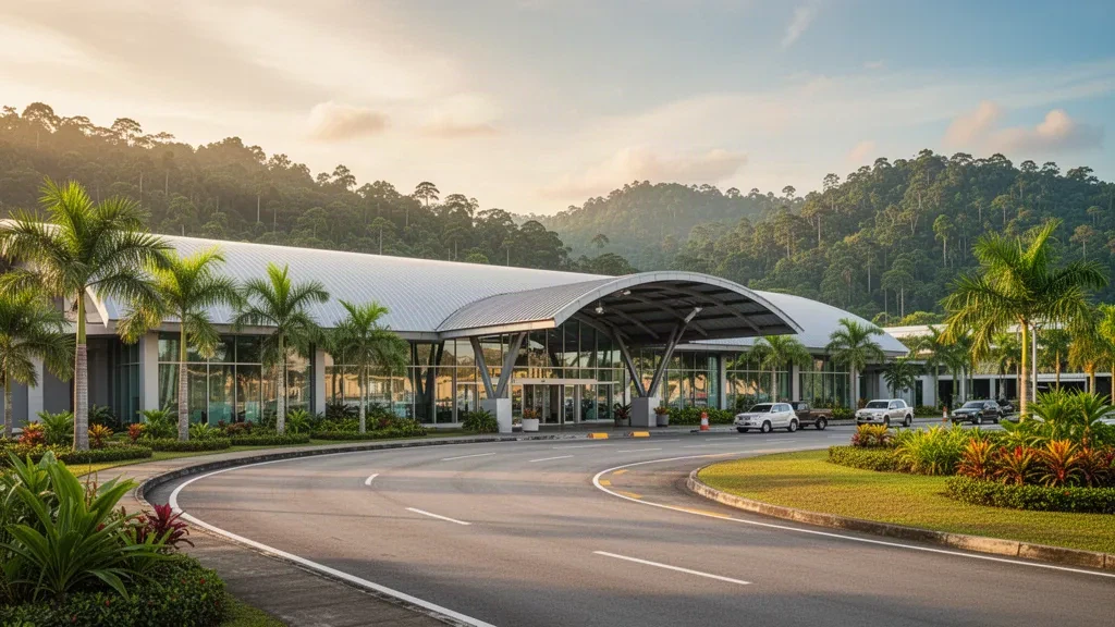 Terminal tropical moderna en el Aeropuerto de Limbang, Sarawak, Malasia, con carril de descenso bordeado de palmeras e iluminación arquitectónica a la hora dorada.