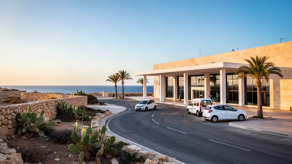 Luce calda della sera sul basso edificio del terminal, palme e corsia di sosta dell'Aeroporto di Lampedusa sulla costa dell'isola siciliana