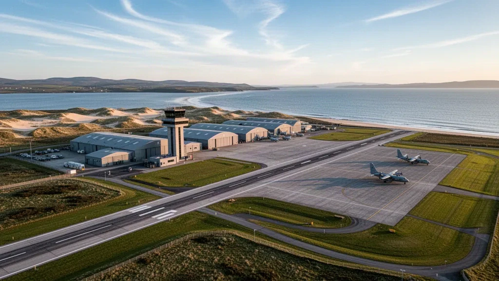 İskoçya'nın Moray Firth kıyısındaki RAF Lossiemouth hava üssünün kuş bakışı görünümü; altın saatte pistler, kontrol kulesi ve hangarlar