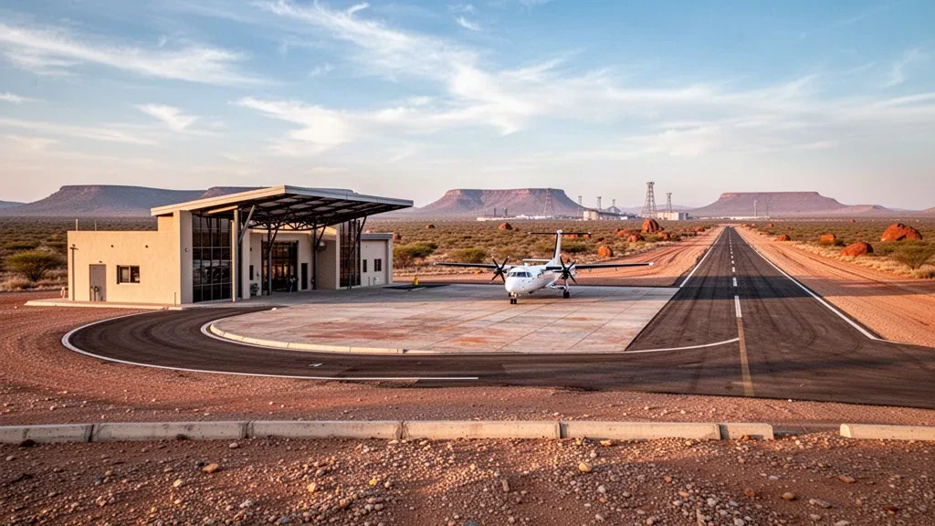 Piccolo terminal regionale, piazzale e pista dell'Aeroporto di Lime Acres Finsch Mine nel paesaggio arido del Northern Cape all'ora d'oro