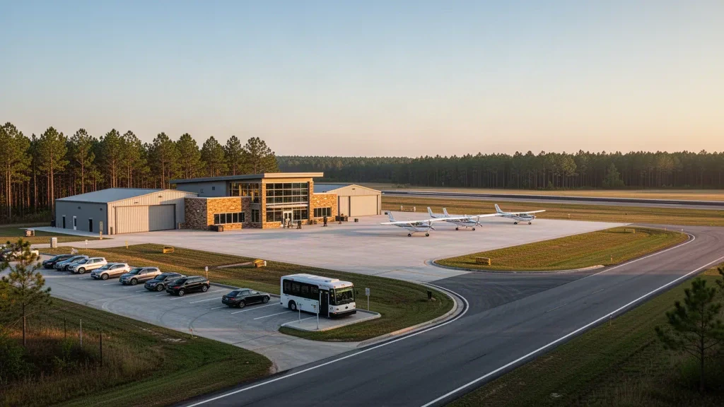 Pequeña terminal de aviación general y pista en el Aeropuerto Louisville Winston County en Mississippi durante la hora dorada.