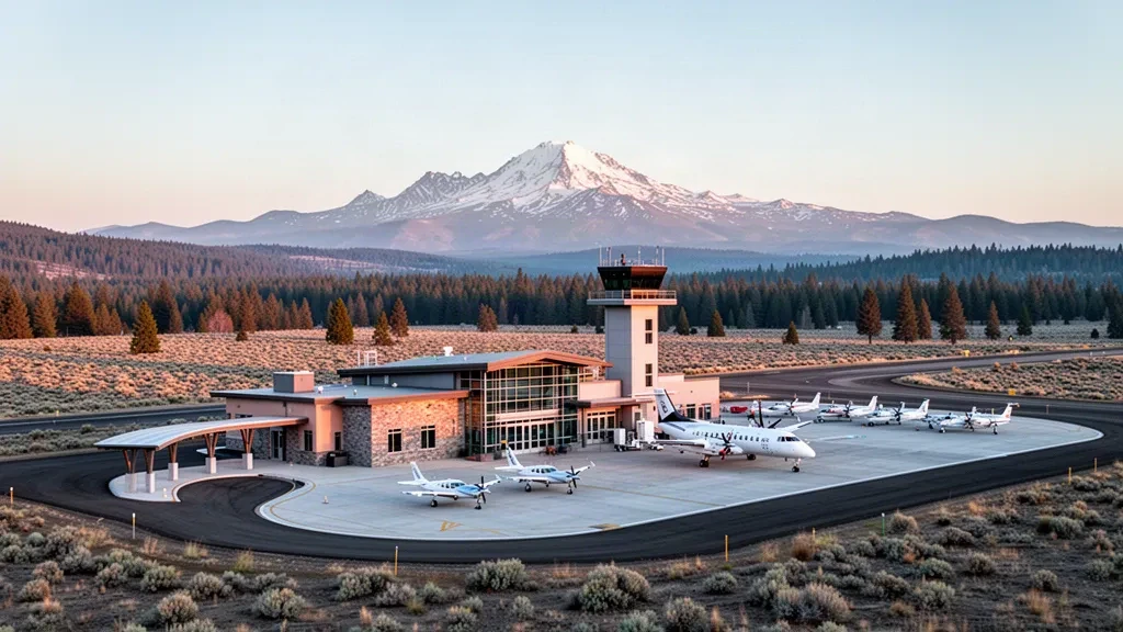 Modern terminal and control tower at Crater Lake-Klamath Regional Airport in Oregon, framed by pine forests and distant Cascade mountains at golden hour.