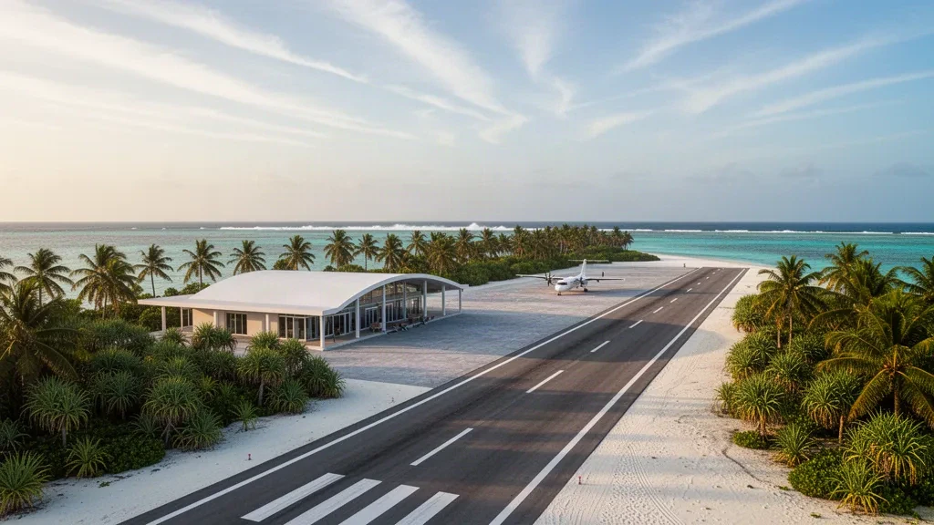 Madivaru Airport in the Maldives with a palm-lined tropical runway, turquoise lagoon and modern island terminal at golden hour