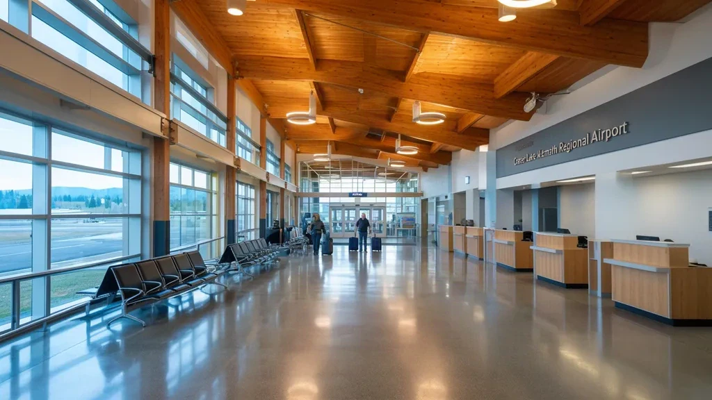 Interior view of the bright departure hall at Crater Lake-Klamath Regional Airport in Klamath Falls, Oregon.