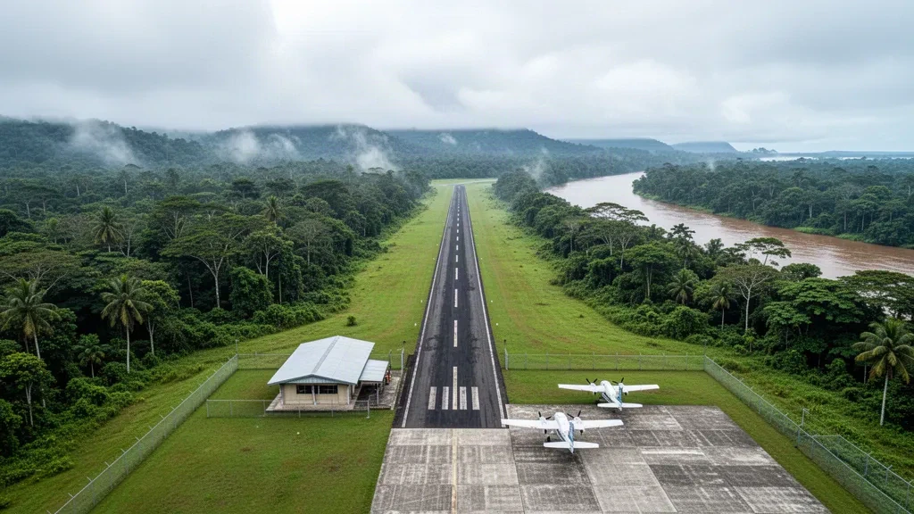 Pequeña pista tropical y terminal modesta en el Aeropuerto Lopez de Micay, en Colombia, rodeada de densa selva tropical del Pacífico y cielos grises húmedos.