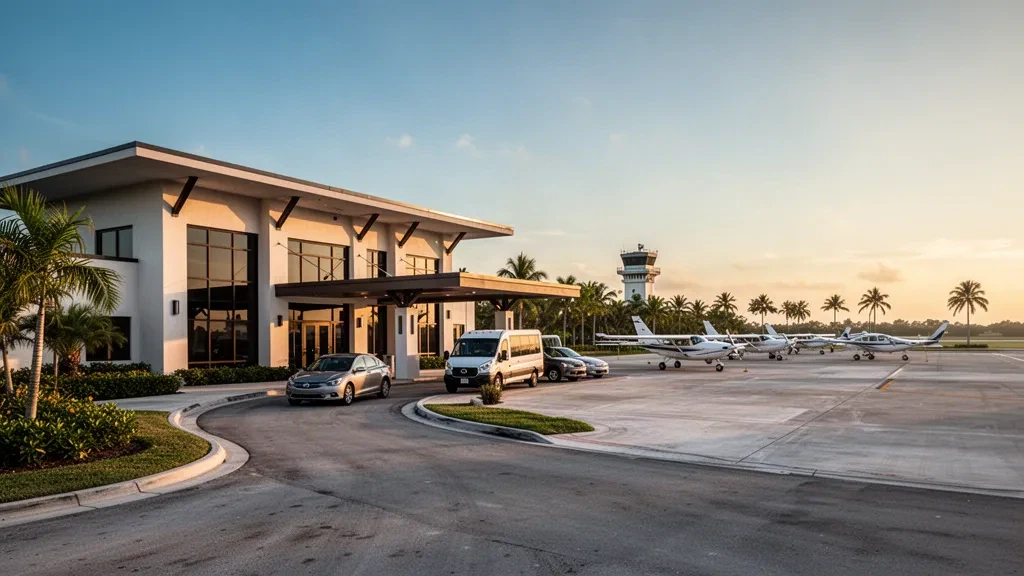 Terminal de aviación general y plataforma bordeada de palmeras en el Aeropuerto Palm Beach County Park en Lantana, Florida, a la hora dorada