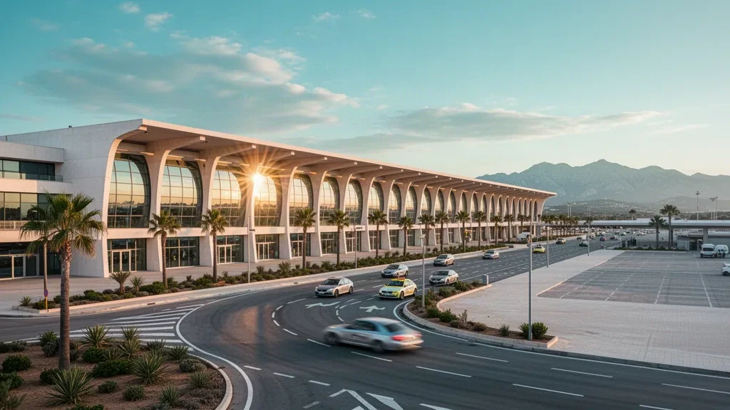 Façade moderne en verre du terminal et parvis bordé de palmiers à l'aéroport de Palma de Majorque sous la lumière dorée et chaude de la Méditerranée