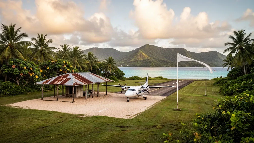 Pista di atterraggio in erba, piccola struttura terminal e baia turchese all'aeroporto di Lamen Bay sull'isola di Epi, Vanuatu, incorniciati da palme