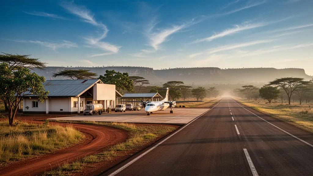 Petit aéroport rural de Lengbati en Zambie à l'heure dorée, avec une étroite piste d'atterrissage, un modeste terminal blanchi à la chaux et la savane boisée environnante.