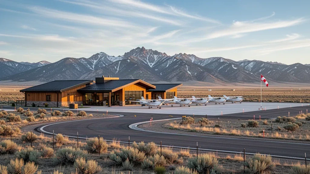 Pequeña terminal de aviación general y aeronaves estacionadas en la plataforma del aeropuerto Hunt Field en Lander, Wyoming, a los pies de la cordillera Wind River.