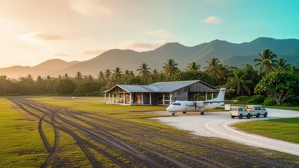 Piste herbeuse, abri de terminal en bois et collines tropicales à l'aéroport de Lonorore sur l'île de Pentecôte, Vanuatu, dans une lumière dorée d'après-midi.