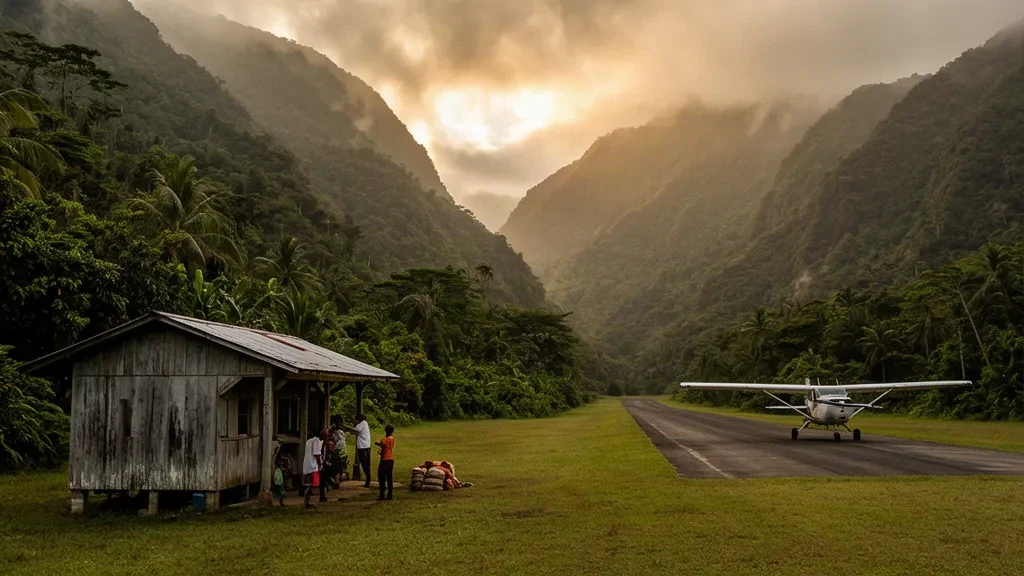 Piste en herbe isolée et abri en bois à l'aéroport de Munbil LNF en Papouasie-Nouvelle-Guinée, entourés d'une forêt tropicale dense et de montagnes brumeuses.
