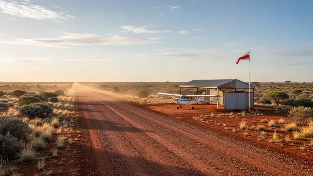Abgelegene Schotterpiste im Outback, die Lake Nash im Northern Territory Australiens bedient, rote Schotterpiste unter einem dunstigen goldenen Himmel