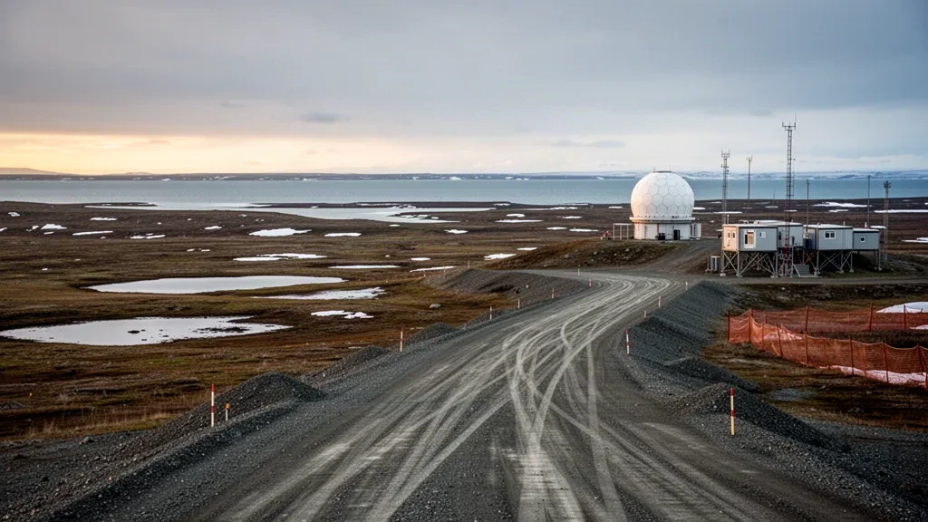 Remote Arctic gravel airstrip at Point Lonely, Alaska, with a white radar dome and tundra under low golden-hour light.
