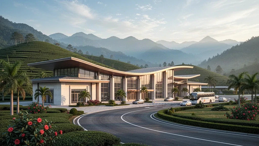 Terminal del Aeropuerto de Lincang Boshang y carril de descenso con las exuberantes colinas subtropicales de Yunnan bajo una suave luz de tarde