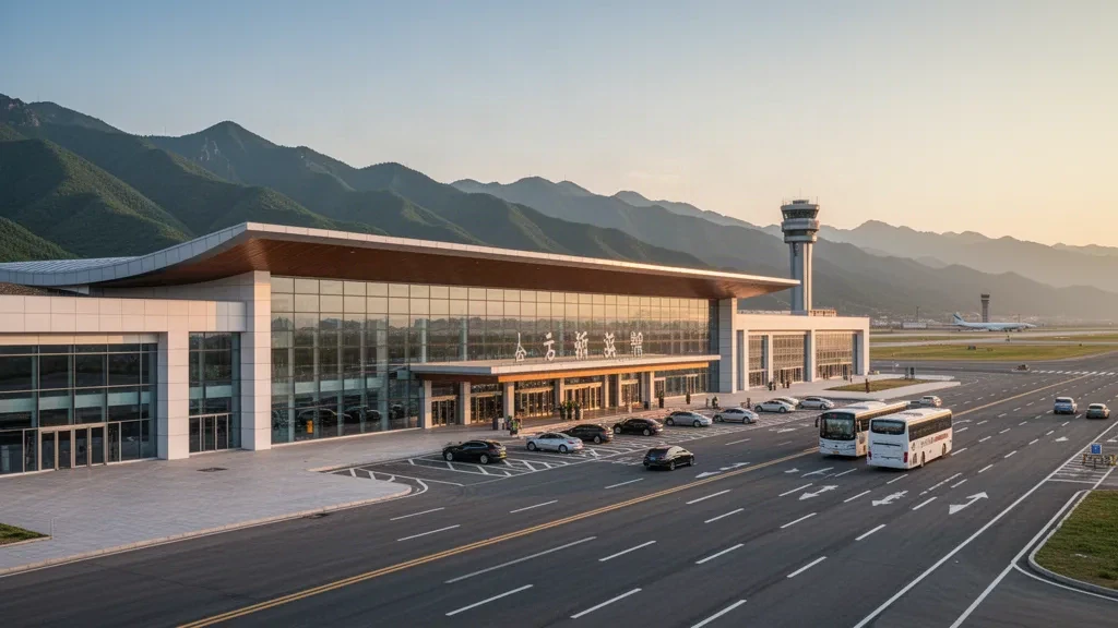 Modern terminal exterior at Longnan Chengzhou Airport with mountain backdrop, access roads, and vehicles at golden hour.