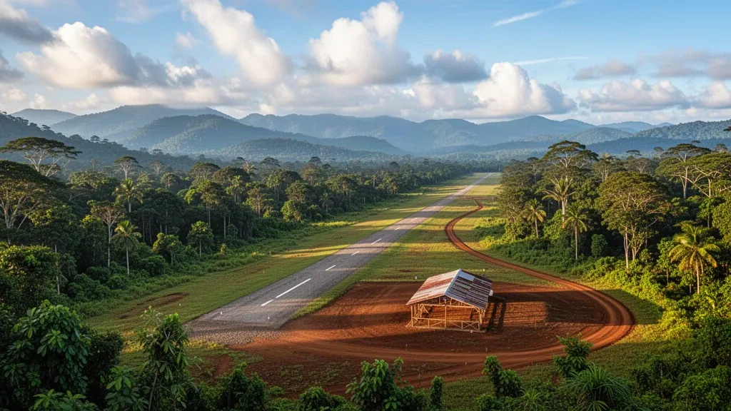Remote grass airstrip at Langimar Airport in Papua New Guinea, framed by rainforest mountains under warm tropical afternoon light.