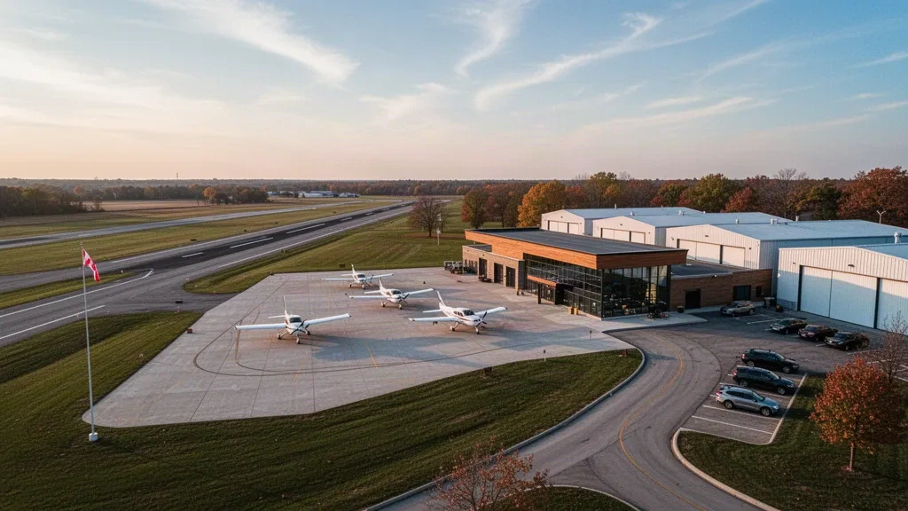 General aviation aircraft and hangars at Lake County Executive Airport in Willoughby, Ohio under warm golden-hour light