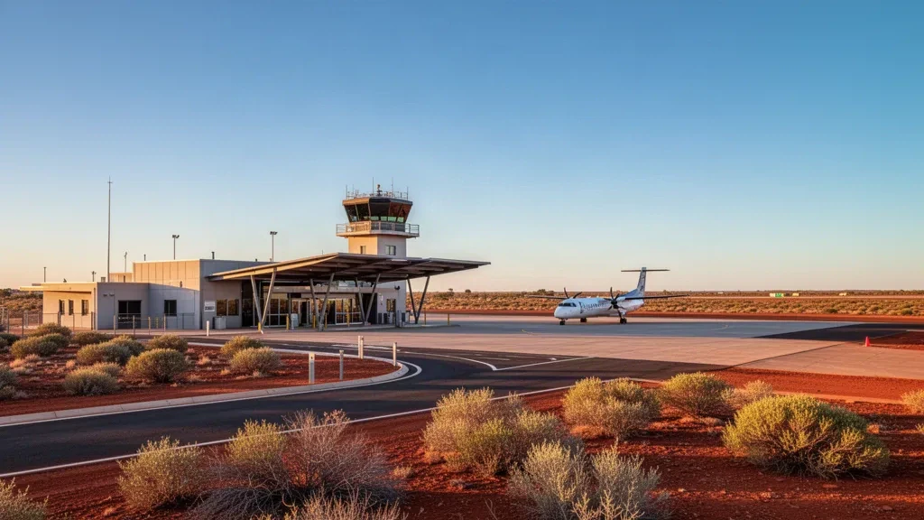 Terminal e pista dell'aeroporto di Leonora nell'entroterra dell'Australia Occidentale sotto un cielo azzurro limpido.