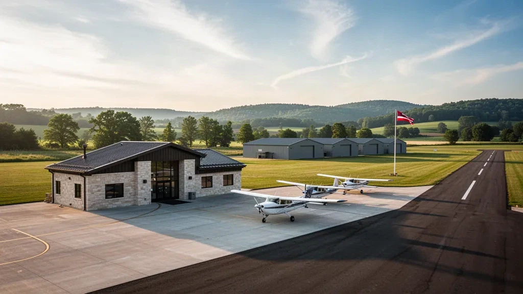 Small general aviation terminal, hangars and parked light aircraft on the apron at Tri-County Regional Airport in Lone Rock, Wisconsin at golden hour.