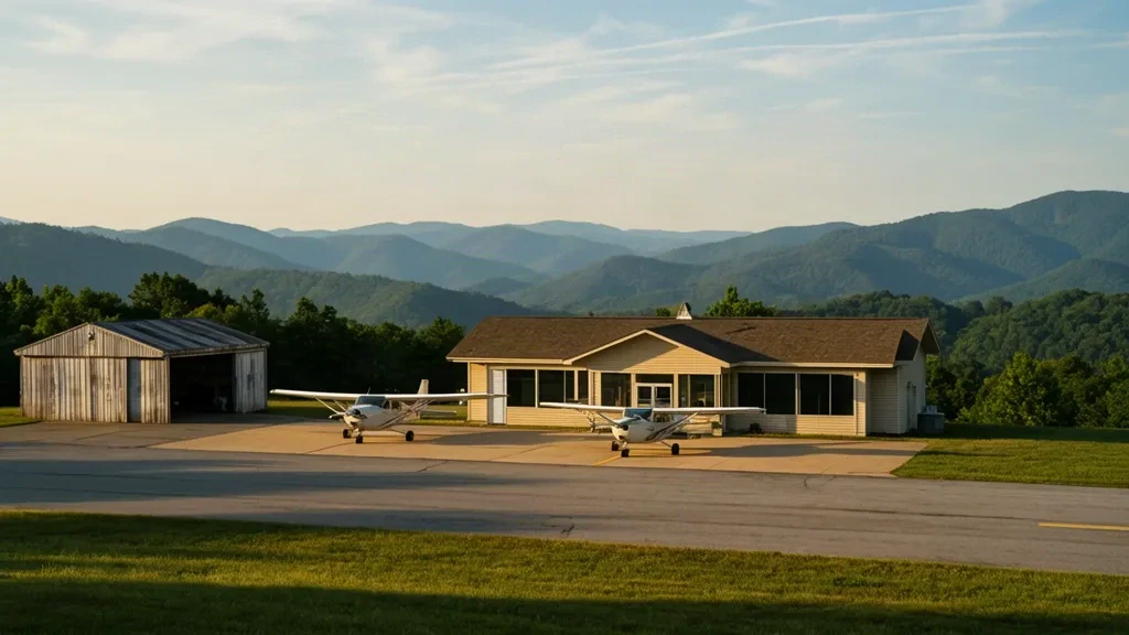 Petit terminal d'aviation générale et aéronefs légers stationnés sur le tarmac à l'aéroport de Lonesome Pine, dans le comté de Wise, en Virginie, entouré des crêtes des Appalaches.