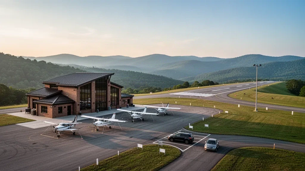 Wise, Virginia yakınlarındaki Lonesome Pine Havaalanı'nda Appalachian sıradağlarının önünde küçük genel havacılık terminali ve apron üzerinde park etmiş hafif uçaklar