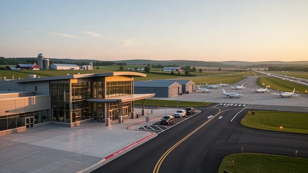 Terminal moderna de cristal y zona de bajada en la acera del Aeropuerto de Lancaster en Pensilvania, con tierras de cultivo y aviones estacionados bajo la luz dorada del atardecer.