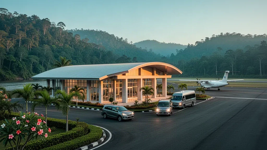 Modernes tropisches Flughafenterminal und Ausstiegsspur am Robert Atty Bessing Airport in Malinau, Nordkalimantan, umrahmt von Regenwaldhügeln