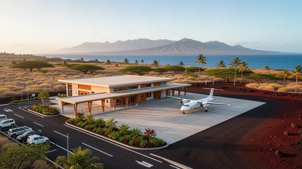 Low-rise open-air terminal and tropical apron at Lanai Airport in Hawaii, with palm trees, dry scrubland and a small commuter aircraft in warm light