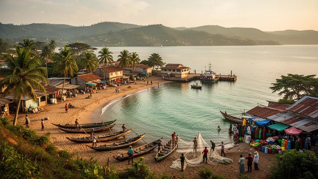 Veduta di Rumonge, Burundi, durante l'ora dorata, con barche da pesca e palme lungo la riva del Lago Tanganica.
