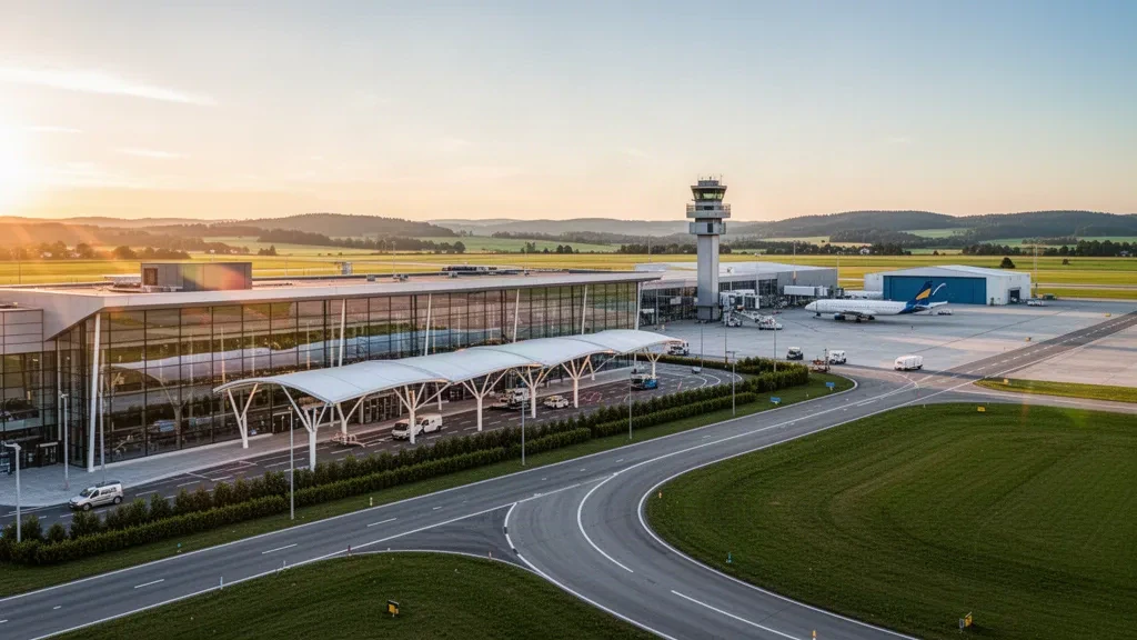 Exterior moderno de terminal con cristaleras en el aeropuerto de Linz-Hörsching, en Austria, con marquesina de descenso, plataforma y aeronaves estacionadas a la hora dorada