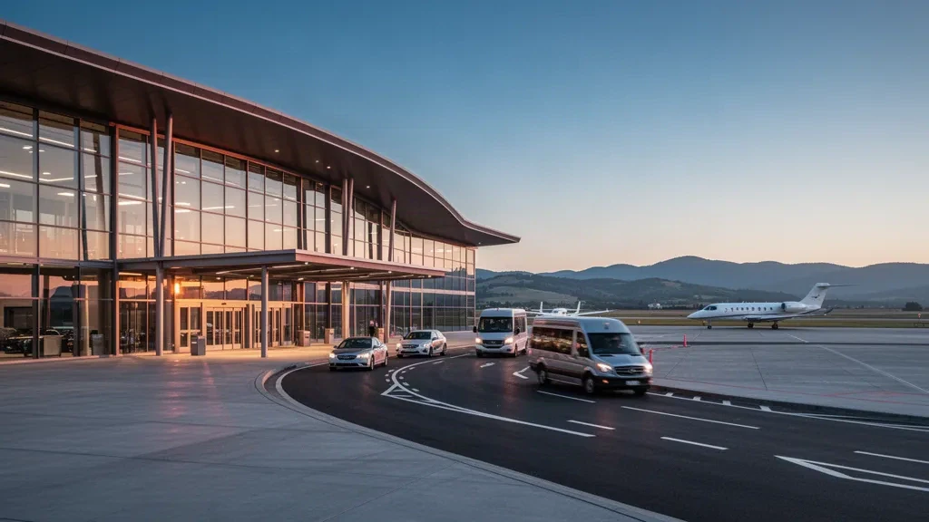 Modernes Flughafenterminal aus Glas und Vorfahrspur am Flughafen San Rafael zur goldenen Stunde mit Flugzeugen auf dem Vorfeld dahinter