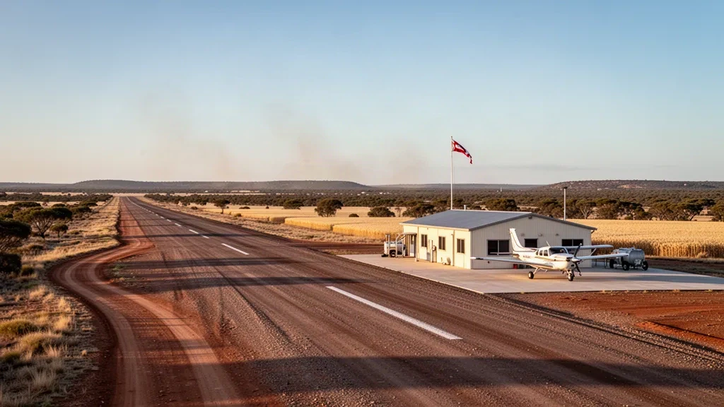Pista di atterraggio rurale presso Lock Airport nella penisola di Eyre, Australia Meridionale, con un aereo leggero e campi di grano durante l'ora d'oro.