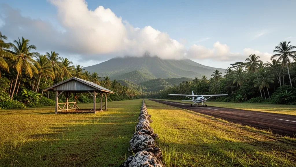 Pista de aterrizaje tropical de hierba en el aeropuerto de Longana, en la isla de Ambae, Vanuatu, rodeada de densas palmeras y una cresta volcánica distante bajo una luz cálida
