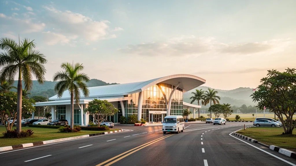Terminal moderno a bassa altezza e corsia di sosta all'Aeroporto di Loei nel nord-est della Thailandia, circondato dal verde tropicale durante l'ora dorata