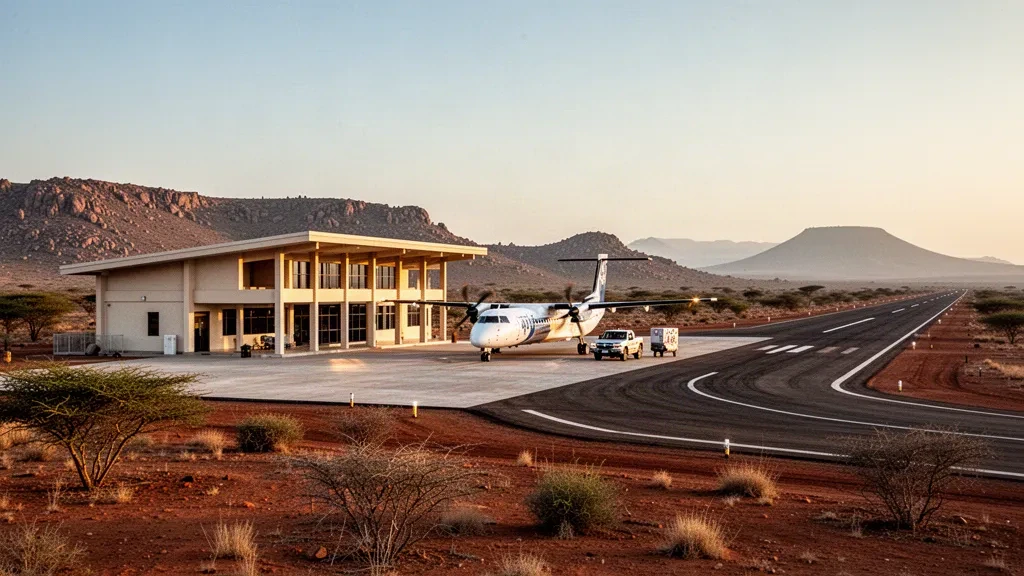 Low-rise terminal and turboprop aircraft on the apron at Lodwar Airport in Turkana County, Kenya, under a warm arid sky