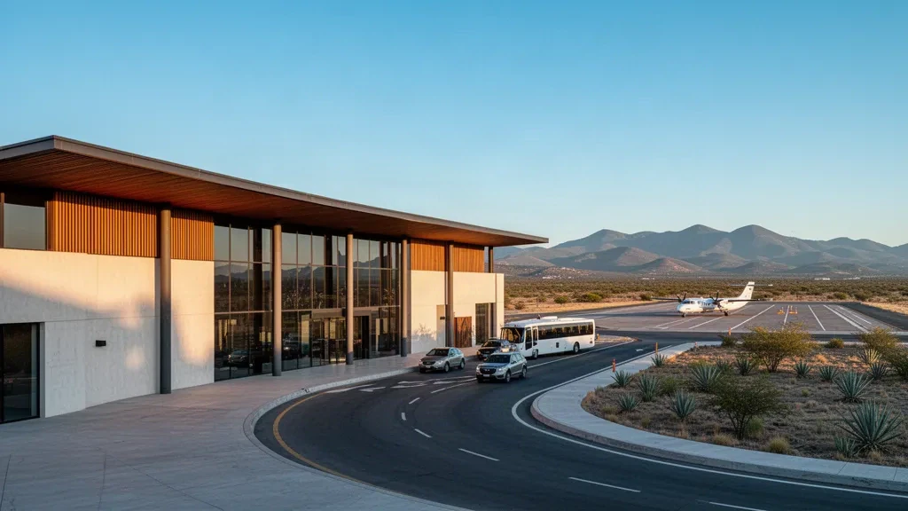 Modern terminal exterior and drop-off lanes at Lagos de Moreno Airport in Jalisco, Mexico, glowing in warm golden-hour light.