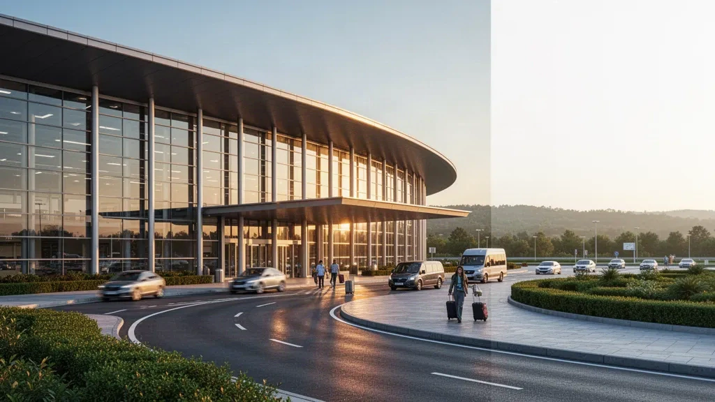 Extérieur d'un terminal d'aéroport régional moderne avec façade en verre courbée, auvent d'entrée et voies de dépose à l'heure dorée