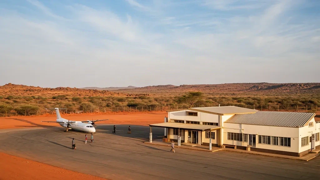 Single-storey terminal at Lodwar Airport in Turkana, Kenya, with a turboprop parked on the sunlit apron and dry scrubland beyond.