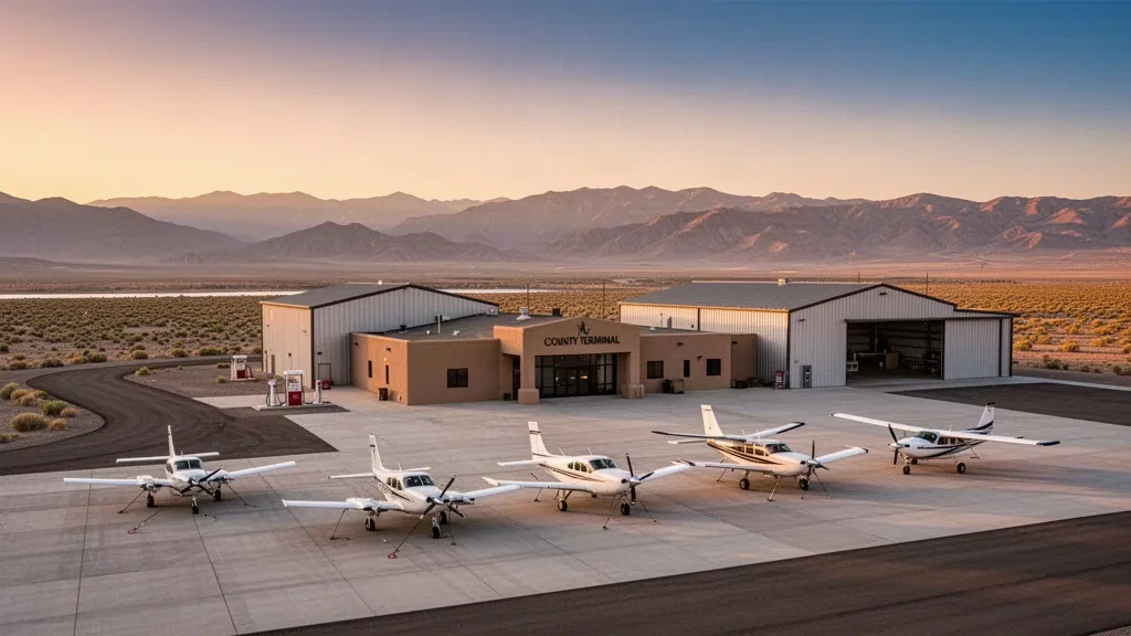 Petit avion et hangars sur l'aire d'aviation générale de l'aéroport de Derby Field à Lovelock, Nevada, sous un vaste ciel désertique à l'heure dorée.