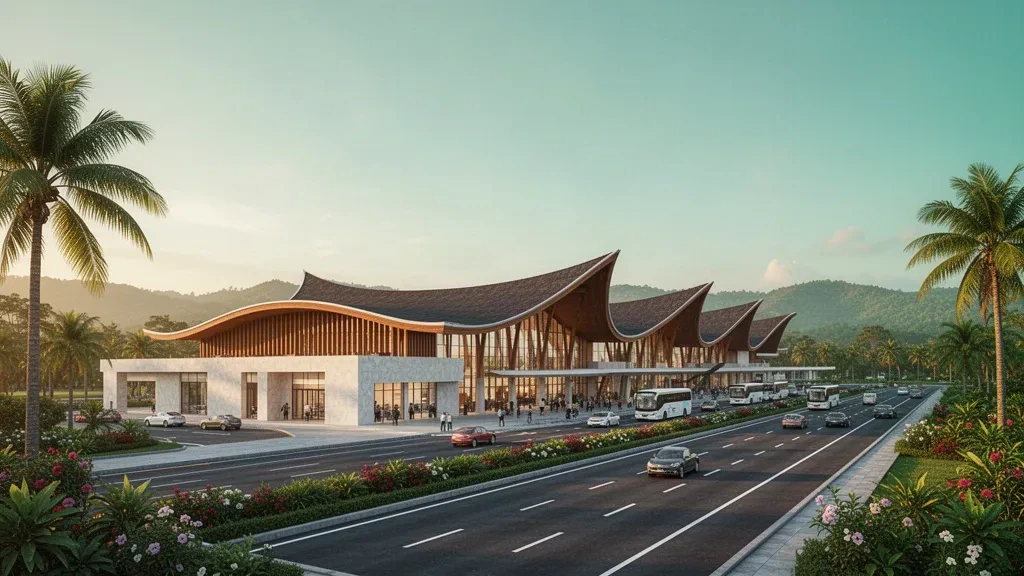 Endonezya'daki Lombok Uluslararası Havalimanı'nda sıcak altın saat ışığı altında modern kavisli terminal ve tropikal indirme bölgesi