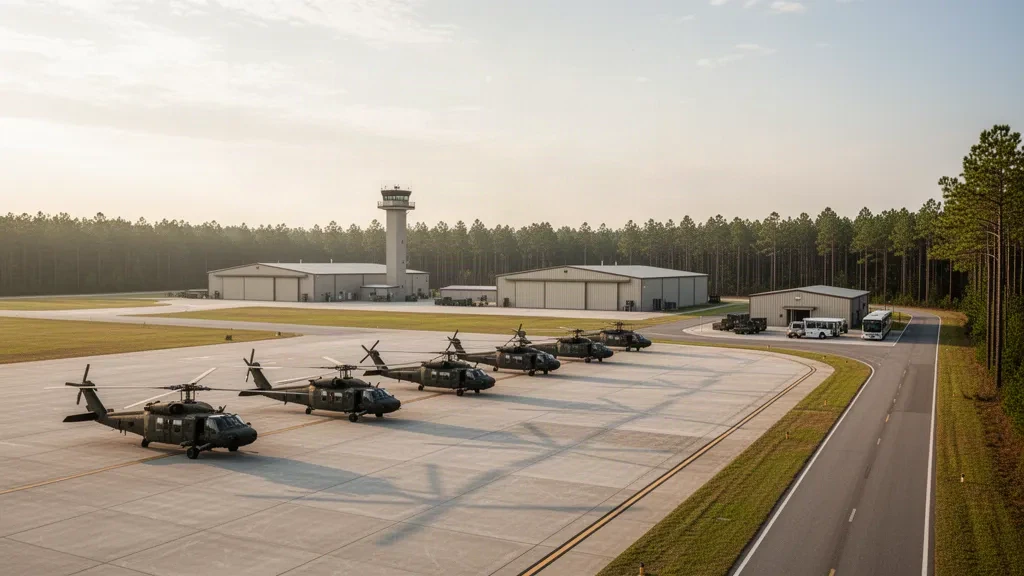 Olive-drab Army training helicopters lined up on the concrete apron at Lowe Army Heliport in Alabama, with hangars and pine woods at dusk