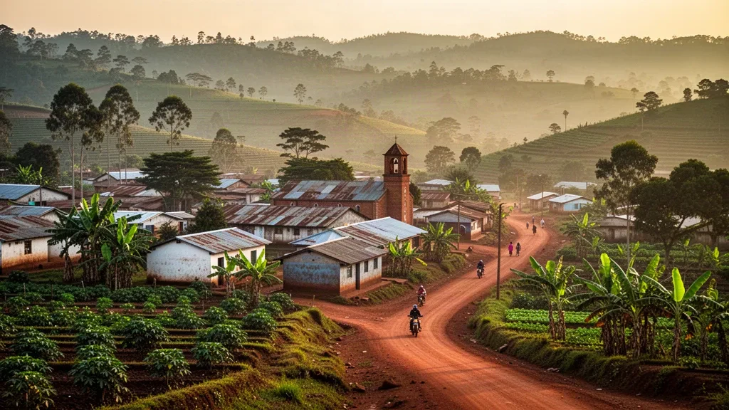 Golden-hour view over Ruyigi, Burundi, with green hills, red dirt lanes and tin-roofed houses across the eastern town