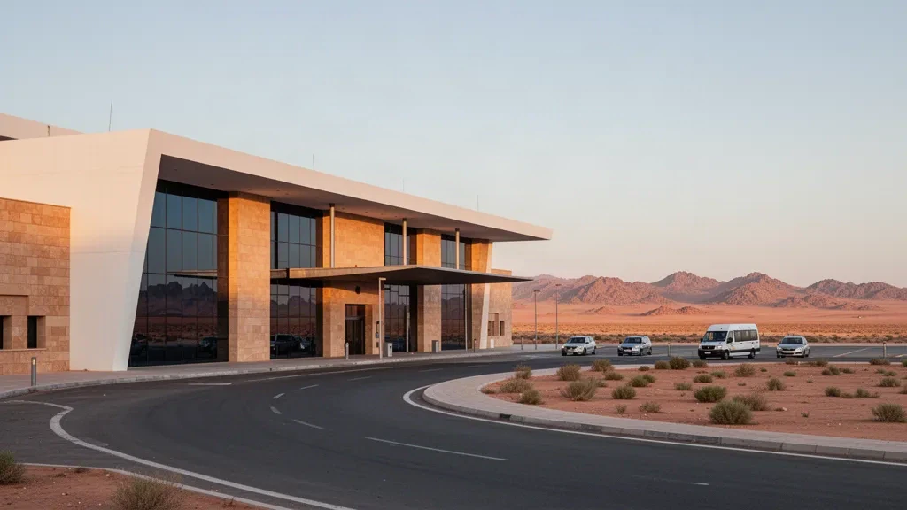 Moderne Wüsten-Terminalfassade am Flughafen Laghouat Moulay Ahmed Medeghri in Algerien, mit Zufahrtsstraße und warmem Licht zur goldenen Stunde