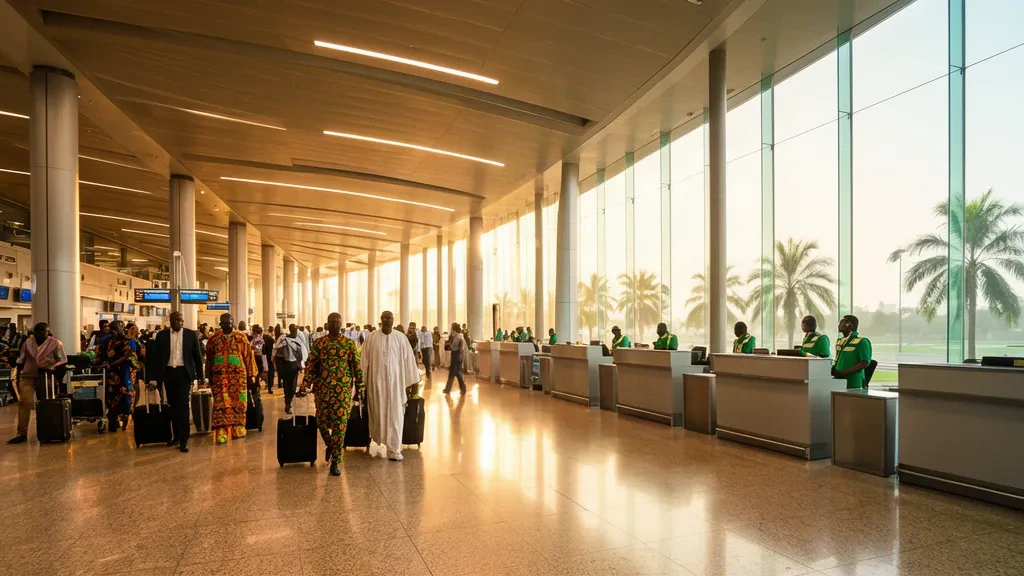 Voyageurs avec bagages marchant dans le hall des départs baigné de soleil de l'aéroport international Murtala Muhammed à Lagos, au Nigeria