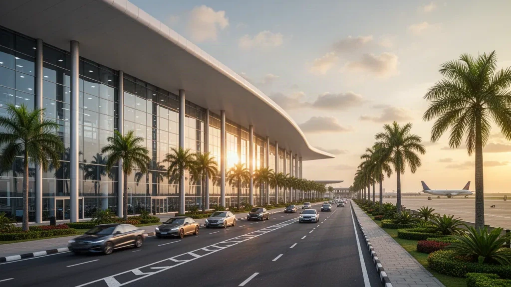 Lagos'taki Murtala Muhammed Uluslararası Havalimanı'nda altın saatlerde modern cam terminal binasının dış cephesi, palmiye ağaçlarıyla çevrili yolcu indirme şeritleri ve sıcak tonlarda gökyüzü