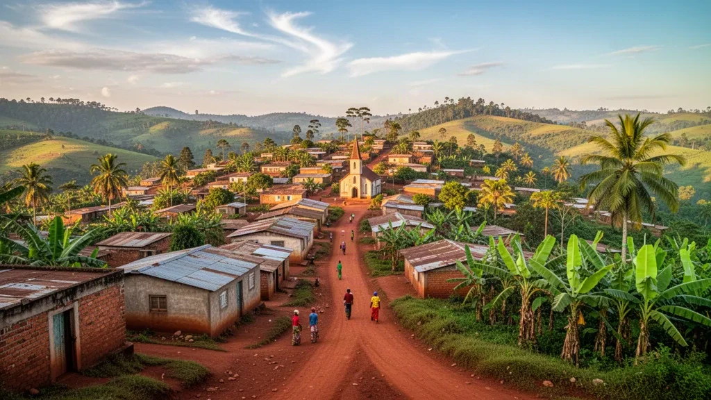Vista durante la hora dorada de Rutana, Burundi, que muestra una ciudad en la ladera con caminos de tierra roja, vegetación tropical verde y edificios sencillos bajo un cielo despejado.