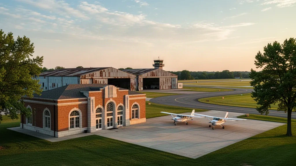 Edificio terminal histórico de ladrillo y hangares en Bowman Field, en Louisville, Kentucky, con pequeñas aeronaves en la plataforma durante la hora dorada.
